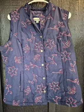 Norm Thompson Navy Quilted Vest with Pink Floral Stitching